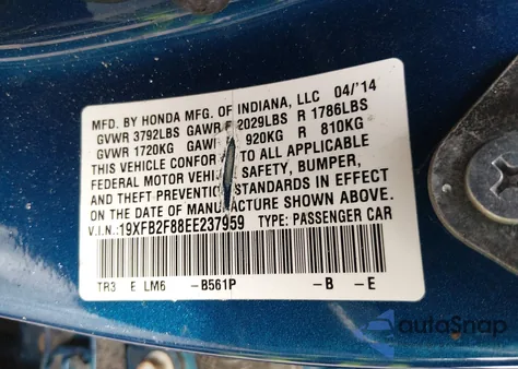 2014 Honda Civic Ex z USA, uszkodzony, nr VIN 19XFB2F88EE237959